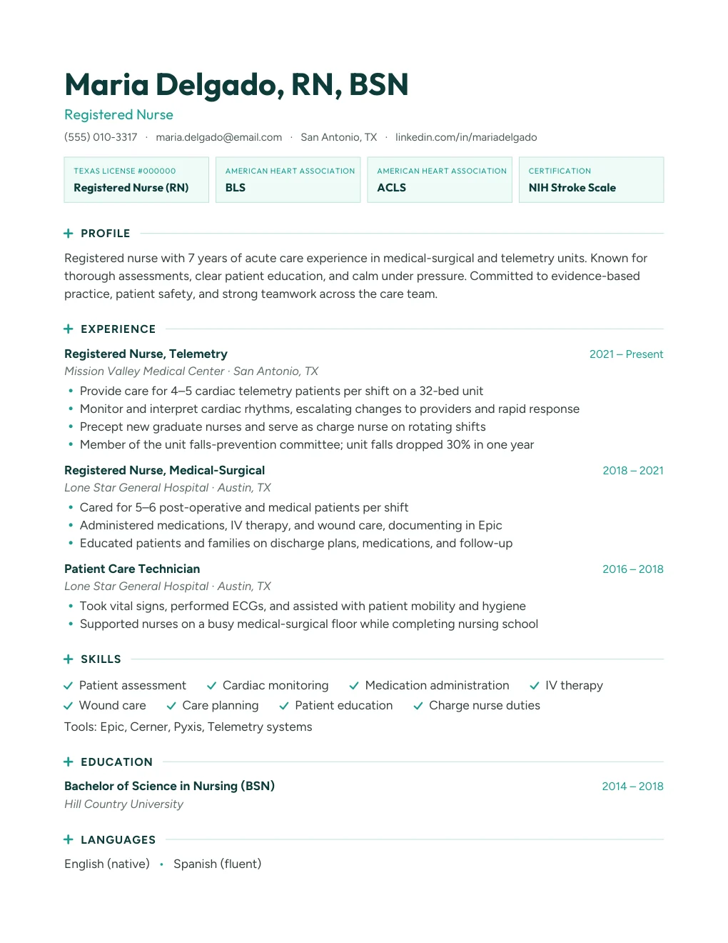 Nurse resume made with the Inksets builder